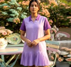 Handcrafted Two Tone Purple Cotton Drop Waist Dress